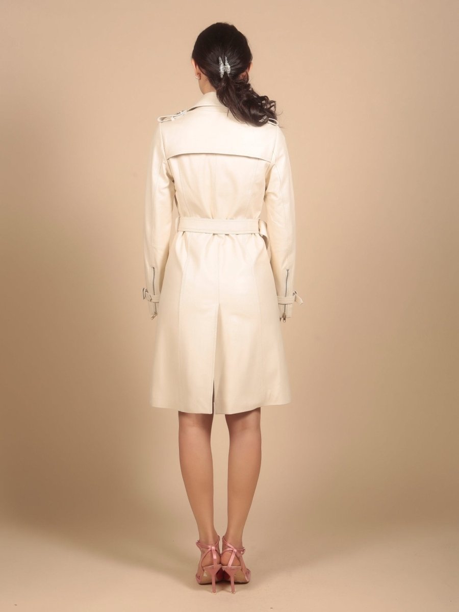 'Belle Du Jour' Leather Trench Coat in Crema - Vox Leather