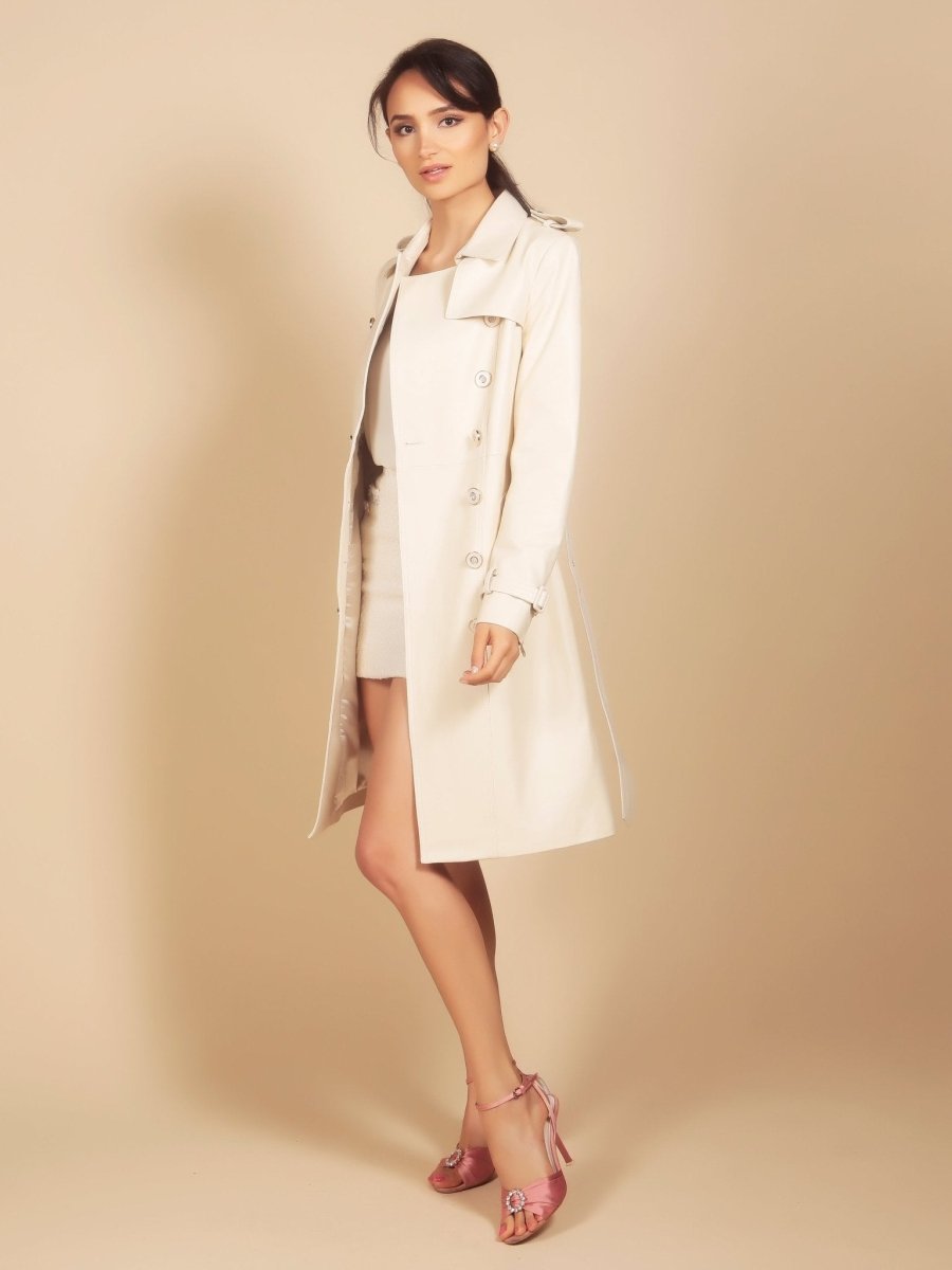 'Belle Du Jour' Leather Trench Coat in Crema - Vox Leather