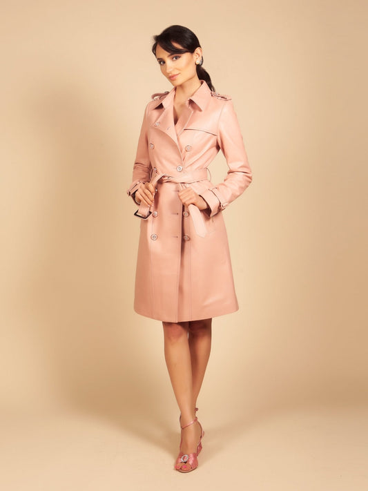 'Belle Du Jour' Leather Trench Coat in Rosa - Rare Leather