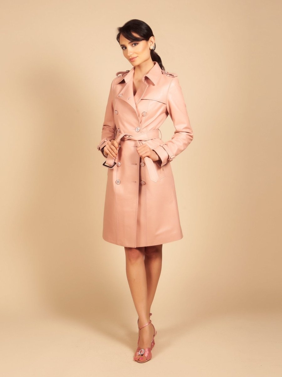 'Belle Du Jour' Leather Trench Coat in Rosa - Vox Leather