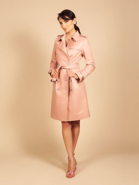 'Belle Du Jour' Leather Trench Coat in Rosa - Vox Leather