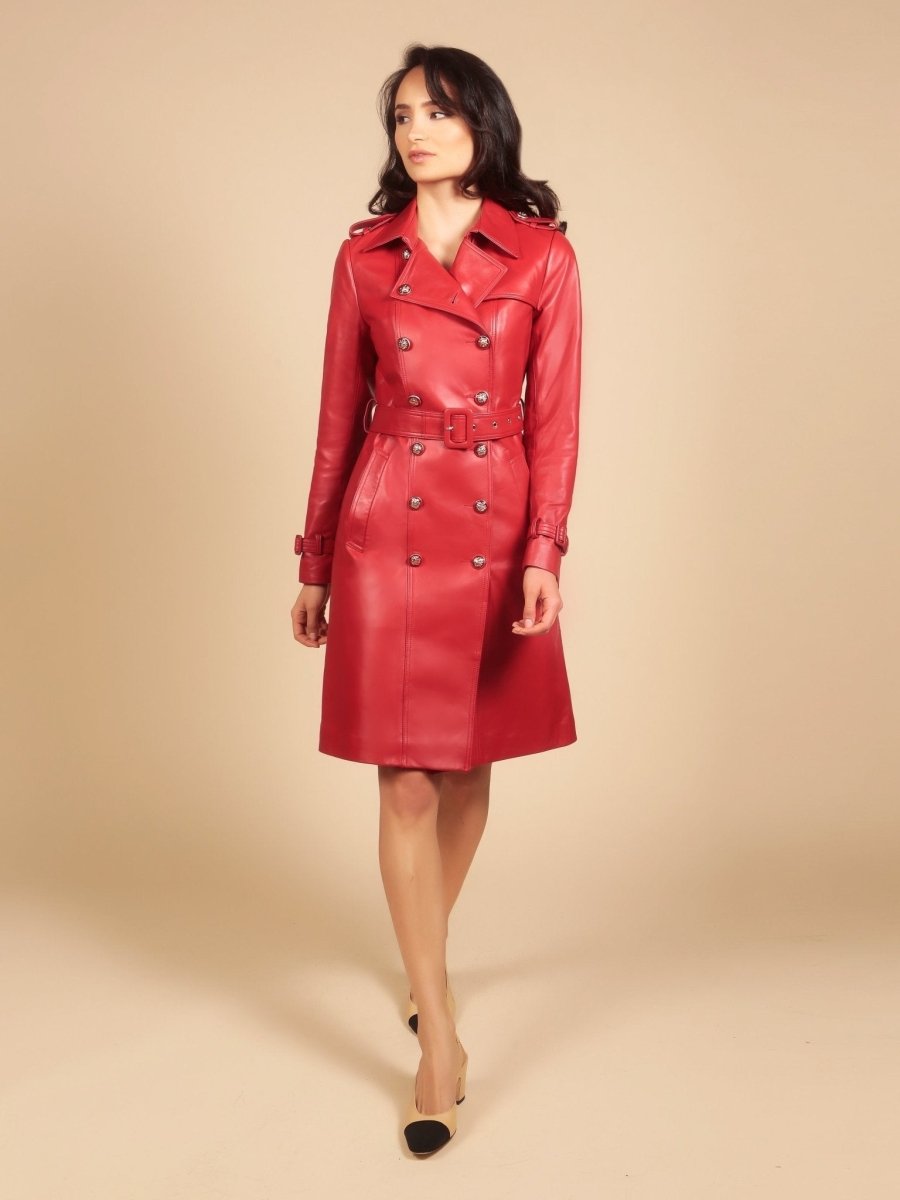 'Belle Du Jour' Leather Trench Coat in Rosso - Vox Leather