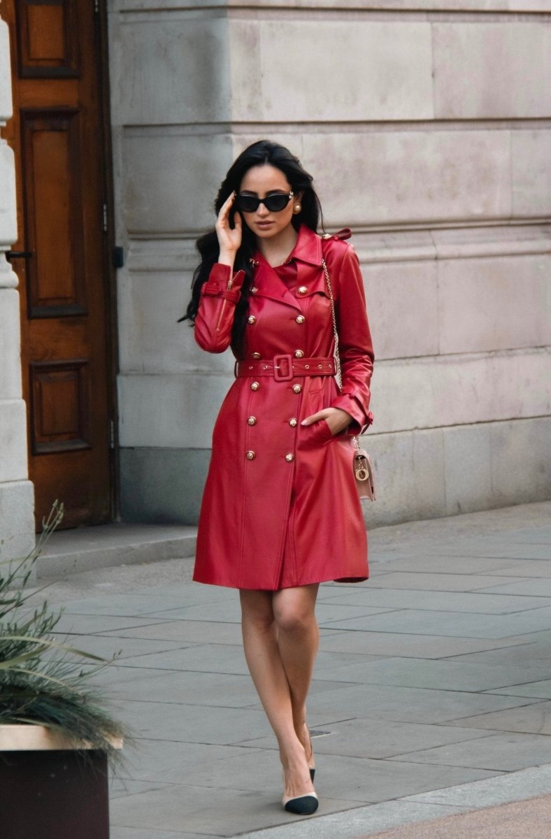 'Belle Du Jour' Leather Trench Coat in Rosso - Vox Leather