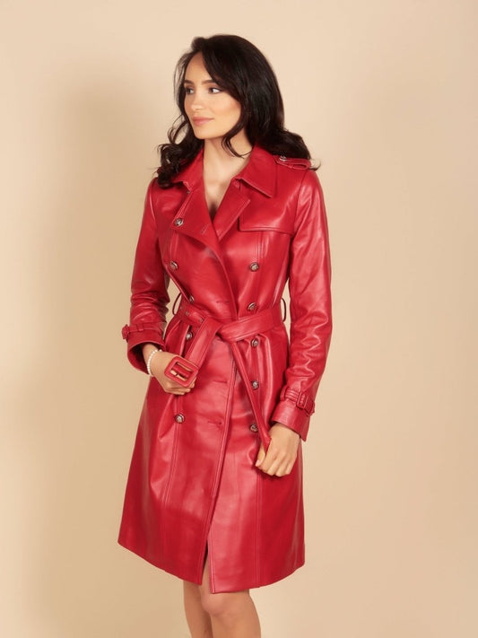 'Belle Du Jour' Leather Trench Coat in Rosso - Vox Leather