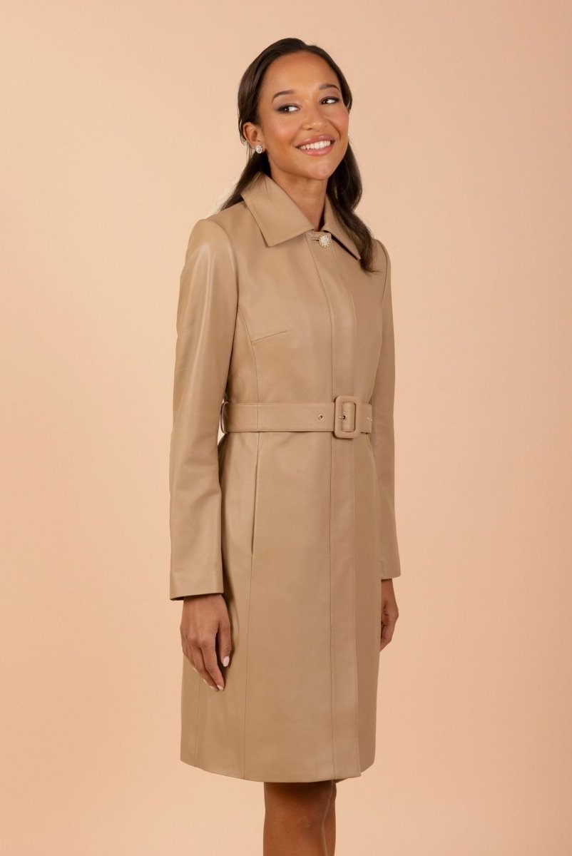 'Bellucci' Belted Leather Coat in Cammello - Vox Leather