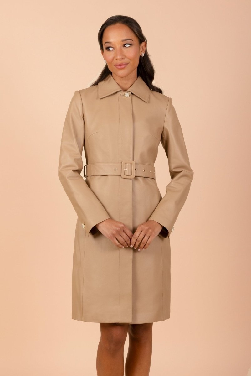 'Bellucci' Belted Leather Coat in Cammello - Vox Leather