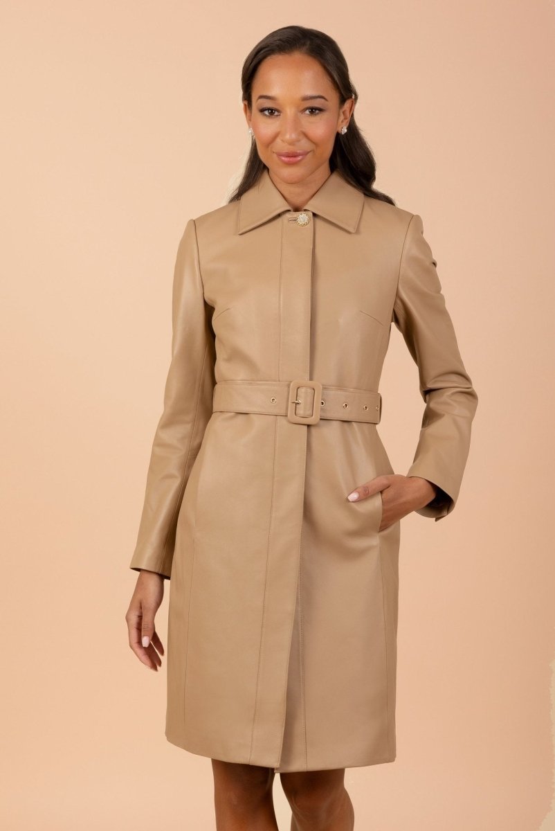 'Bellucci' Belted Leather Coat in Cammello - Vox Leather
