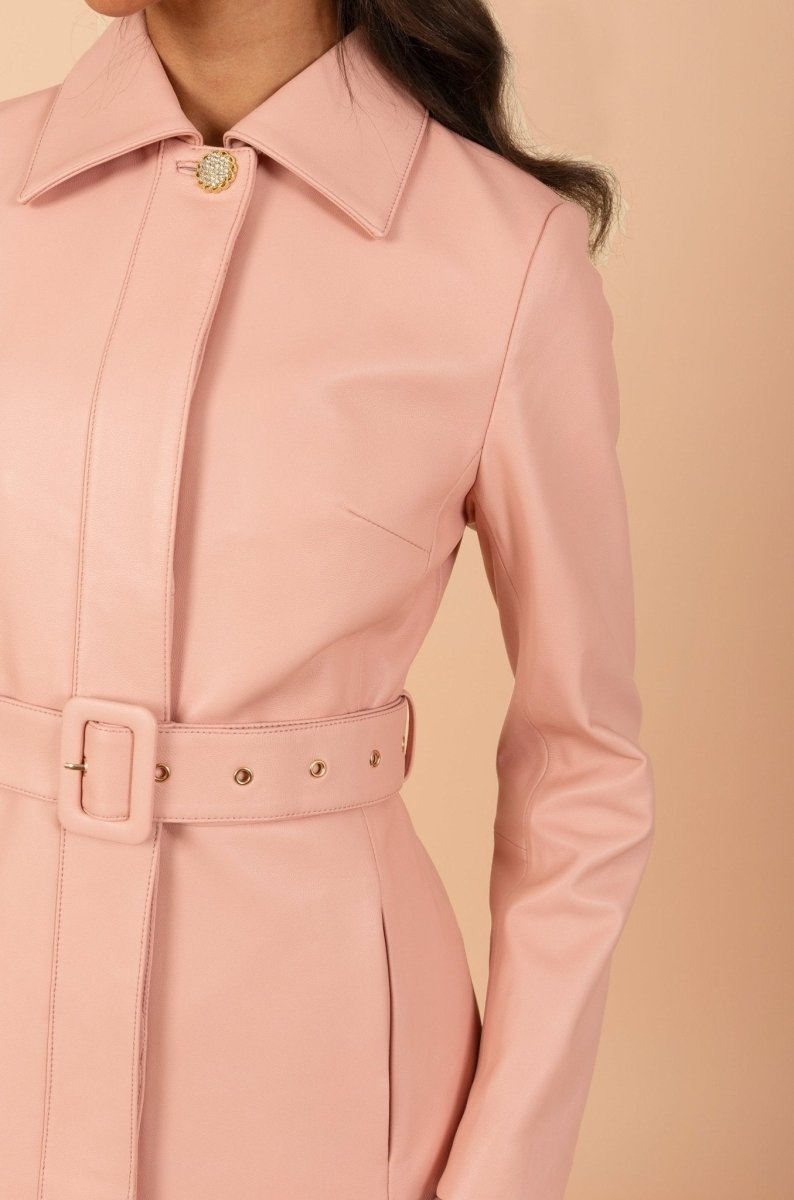'Bellucci' Belted Leather Coat in Rosa - Vox Leather