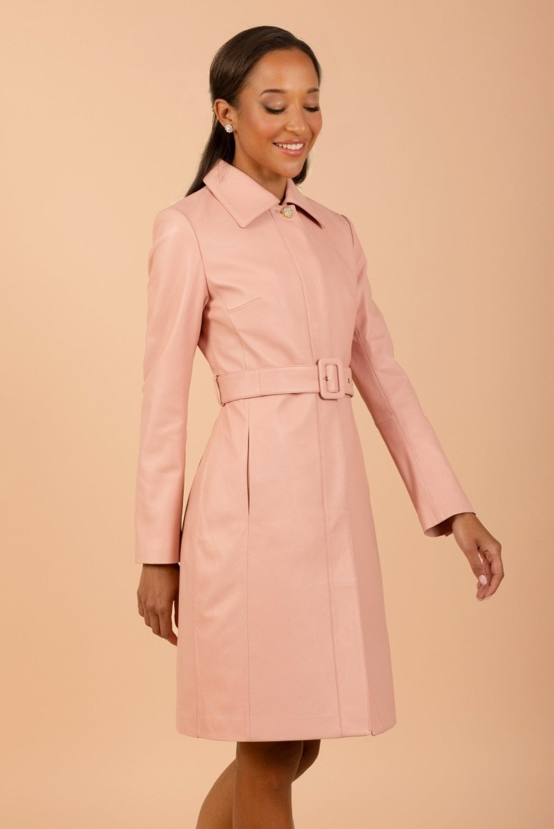 'Bellucci' Belted Leather Coat in Rosa - Vox Leather