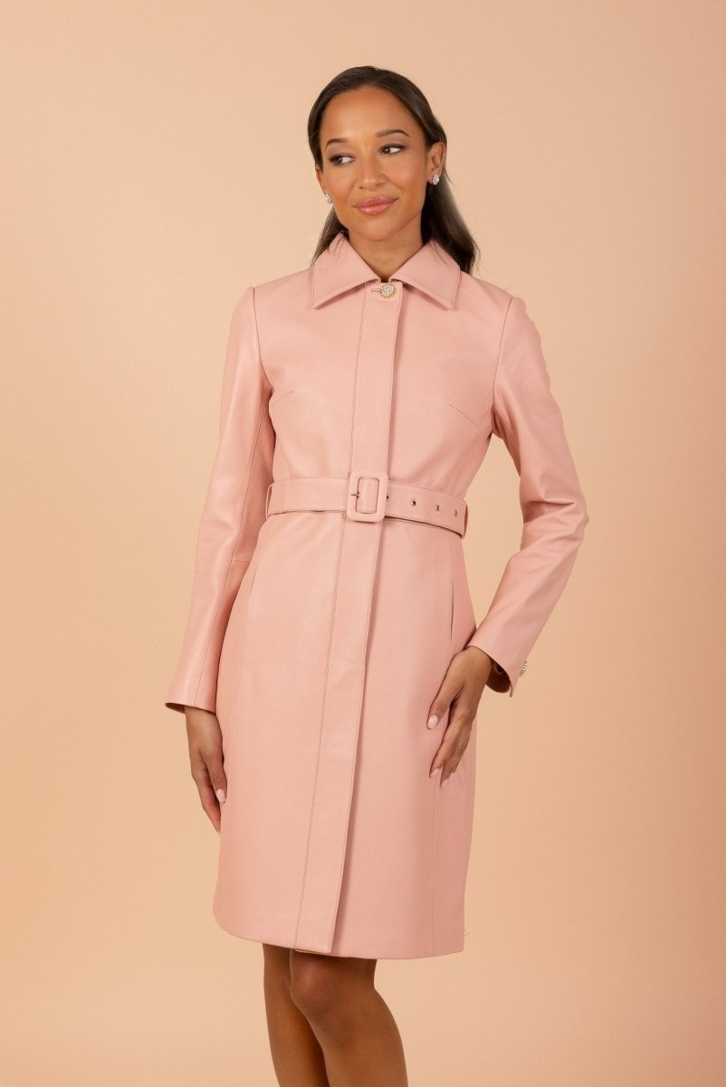 'Bellucci' Belted Leather Coat in Rosa - Vox Leather