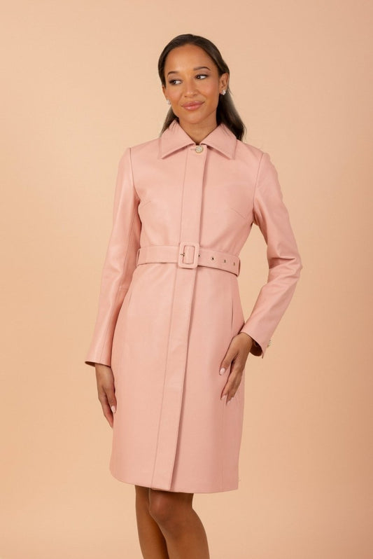 'Bellucci' Belted Leather Coat in Rosa - Vox Leather