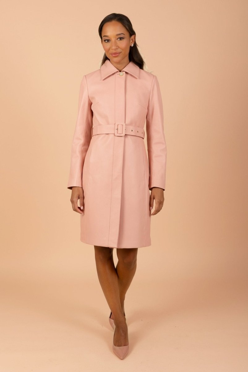 'Bellucci' Belted Leather Coat in Rosa - Vox Leather