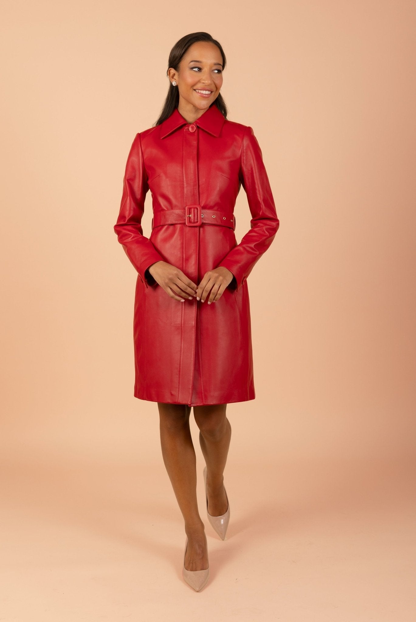 'Bellucci' Belted Leather Coat in Rosso - Rare Leather