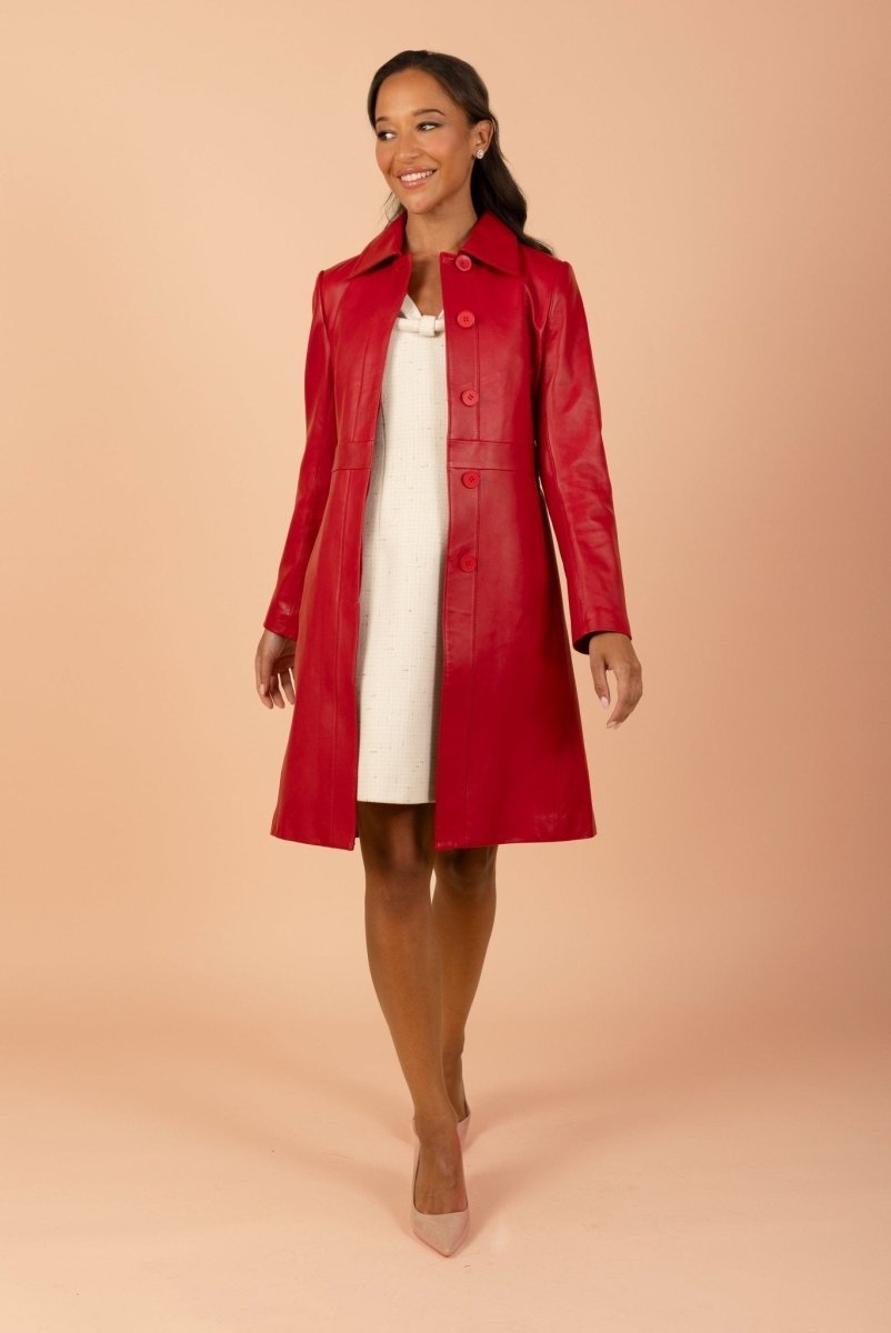 'Bellucci' Belted Leather Coat in Rosso - Vox Leather