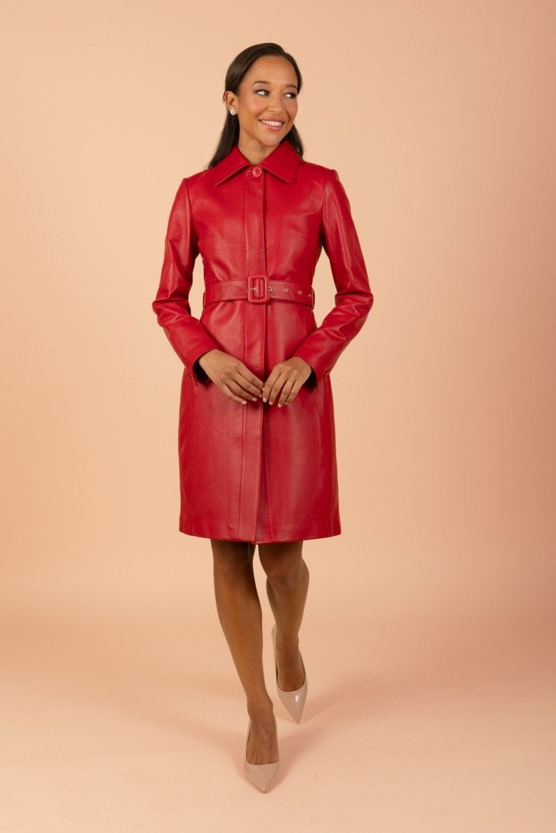 'Bellucci' Belted Leather Coat in Rosso - Vox Leather