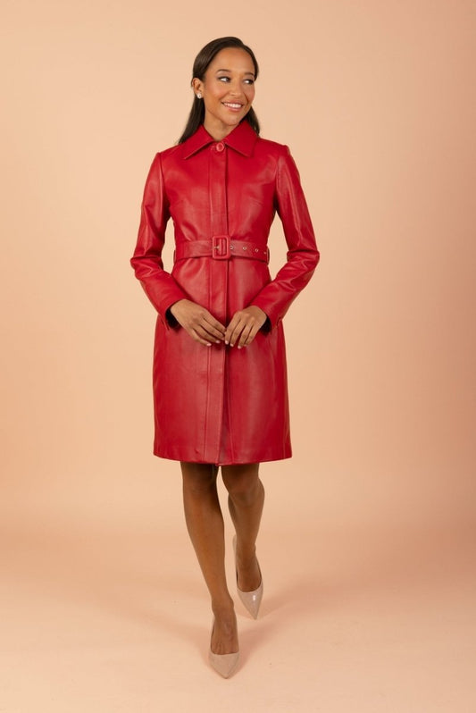 'Bellucci' Belted Leather Coat in Rosso - Vox Leather