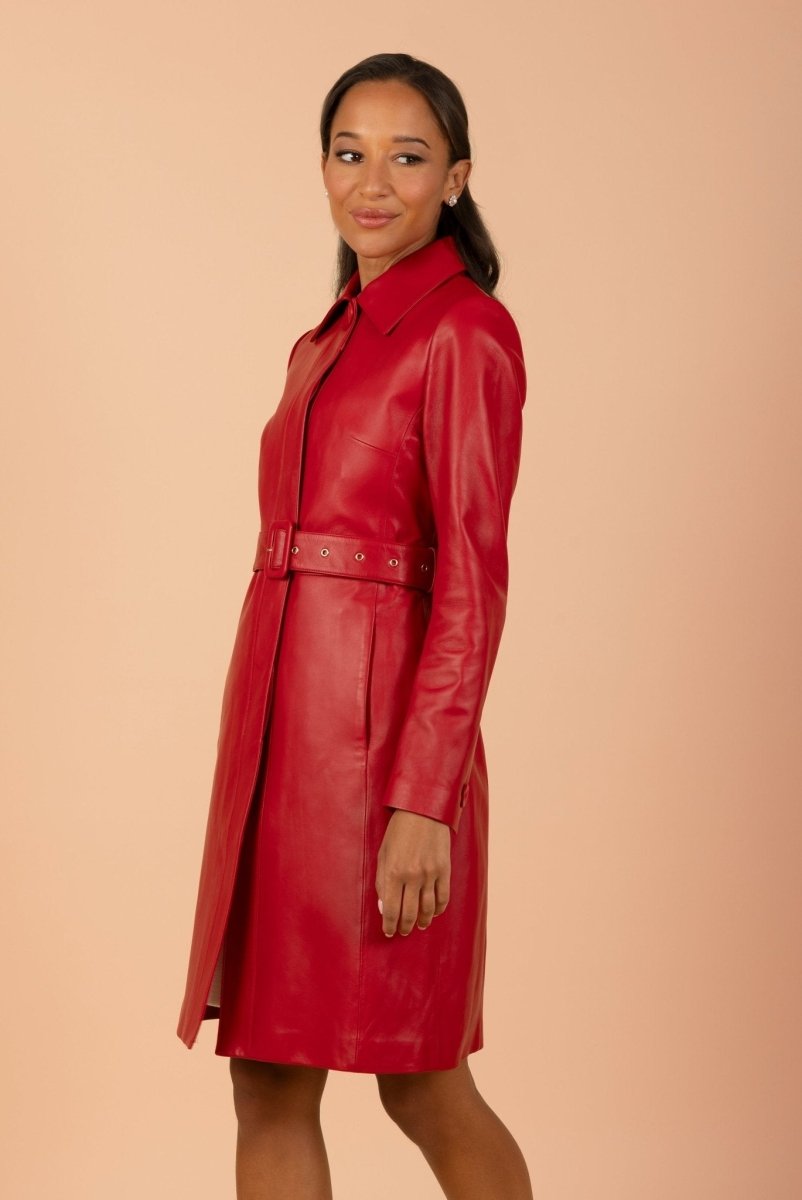 'Bellucci' Belted Leather Coat in Rosso - Vox Leather