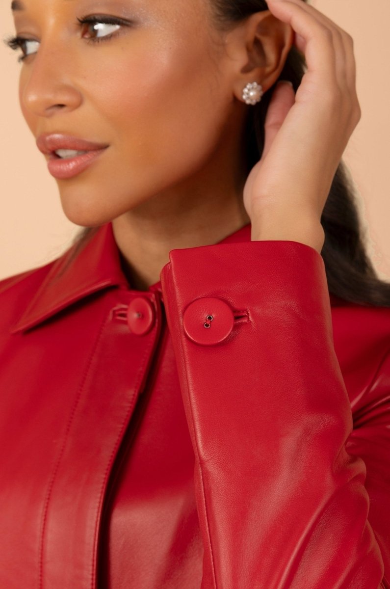 'Bellucci' Belted Leather Coat in Rosso - Vox Leather