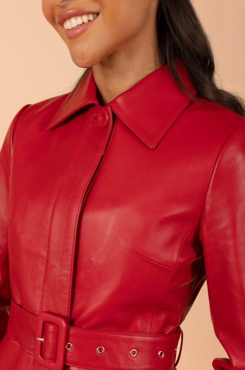 'Bellucci' Belted Leather Coat in Rosso - Vox Leather