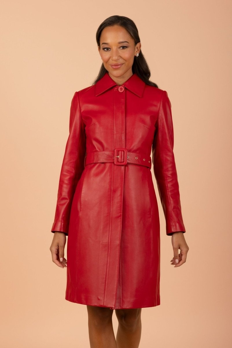 'Bellucci' Belted Leather Coat in Rosso - Vox Leather