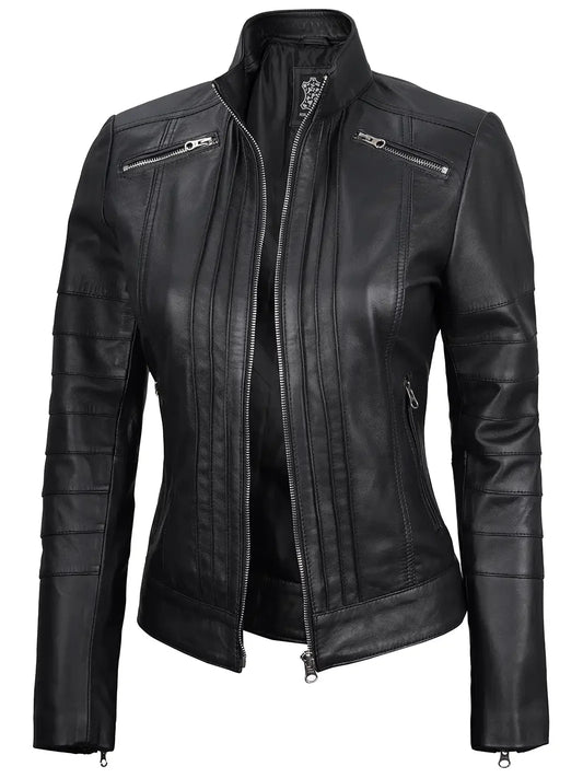 Bergamo Womens Black Real Leather Cafe Racer Jacket - Rare Leather