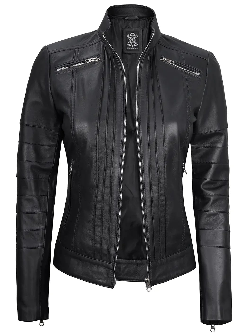 Bergamo Womens Black Real Leather Cafe Racer Jacket - Rare Leather
