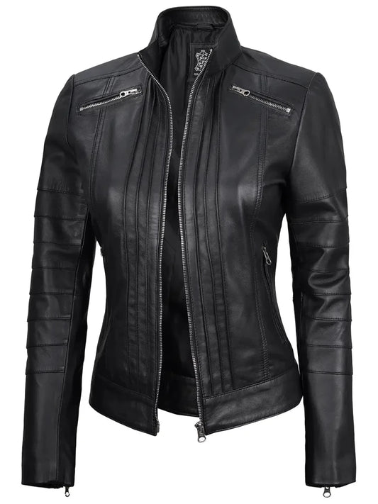 Bergamo Womens Black Real Leather Cafe Racer Jacket - Vox Leather