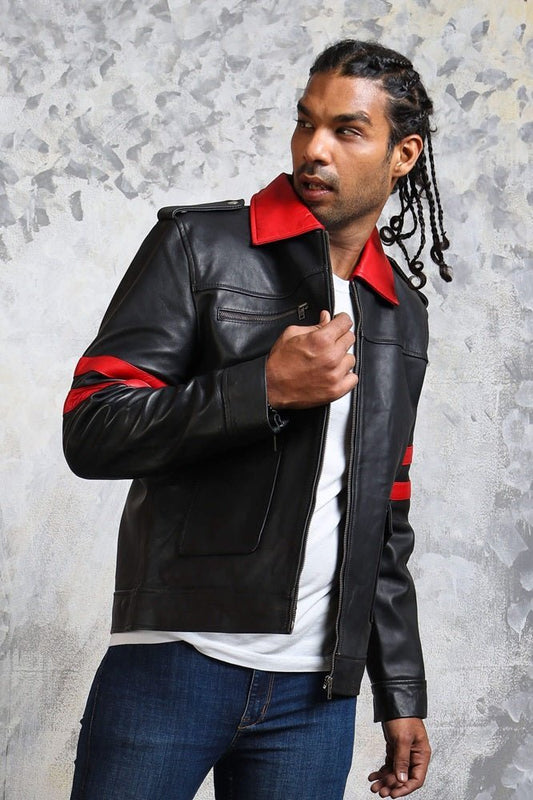 Black and Red Leather Jacket with Collar - Vox Leather