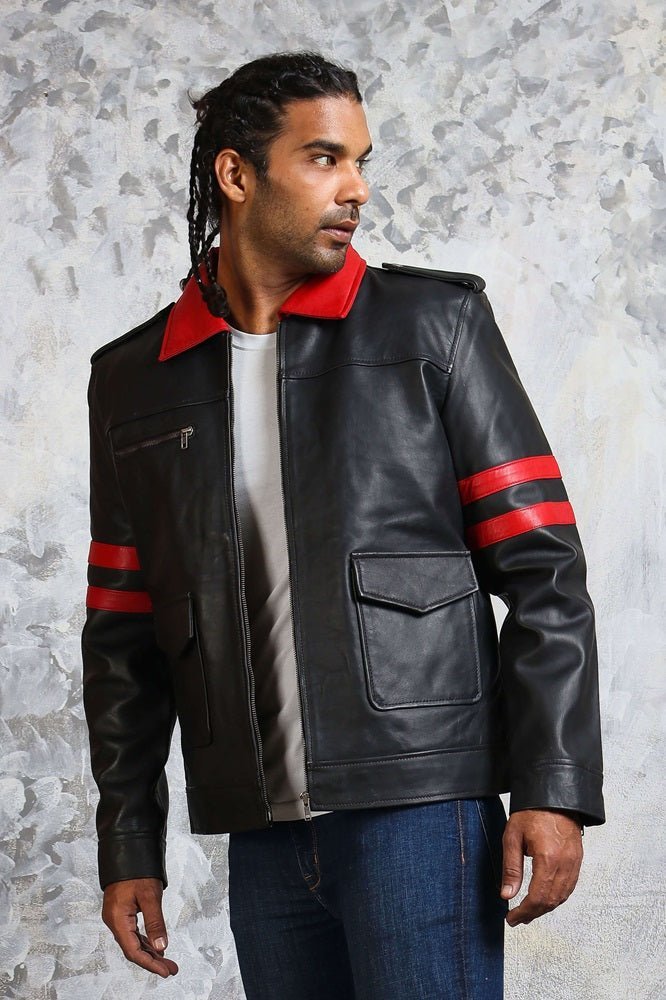 Black and Red Leather Jacket with Collar - Vox Leather
