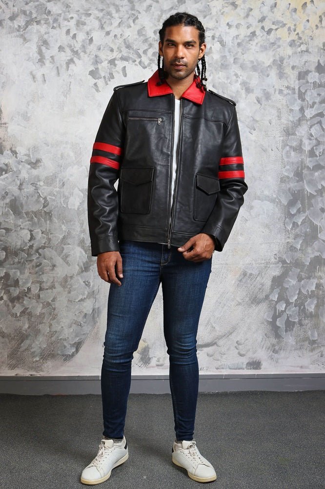 Black and Red Leather Jacket with Collar - Vox Leather
