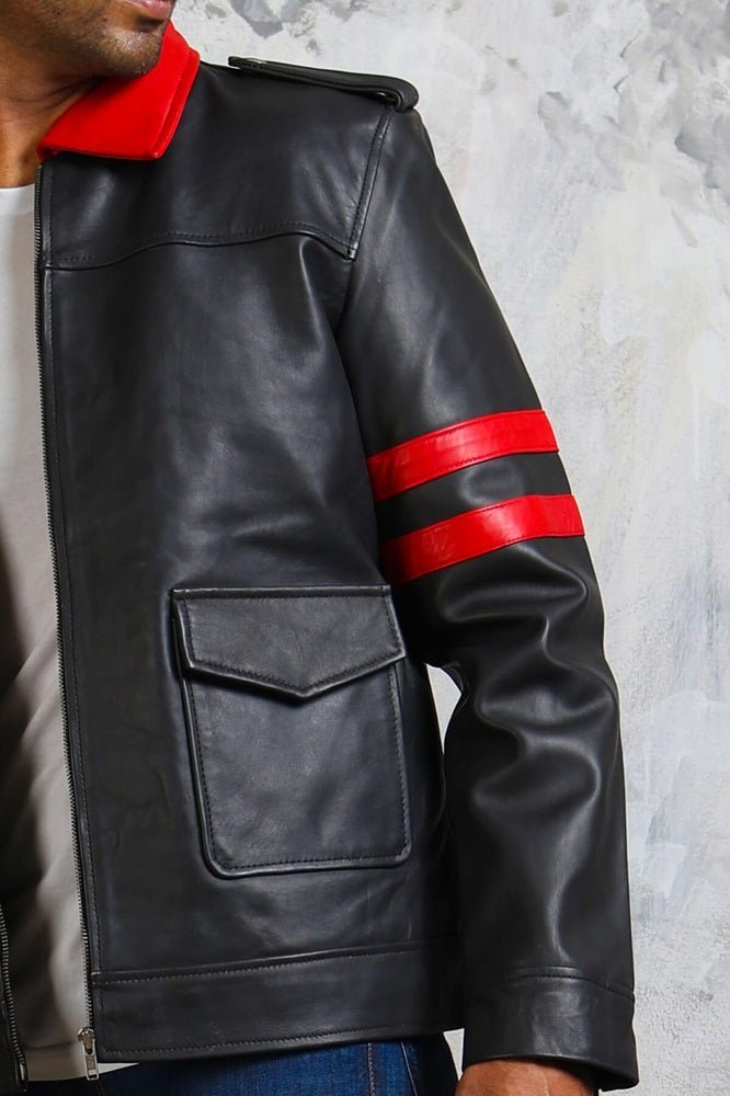 Black and Red Leather Jacket with Collar - Vox Leather