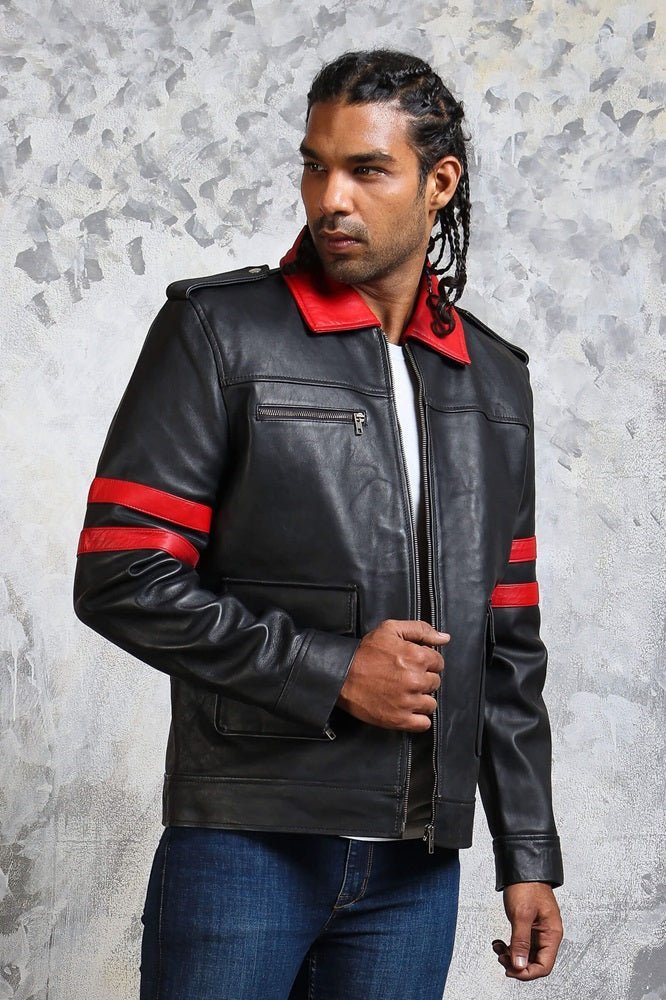 Black and Red Leather Jacket with Collar - Vox Leather
