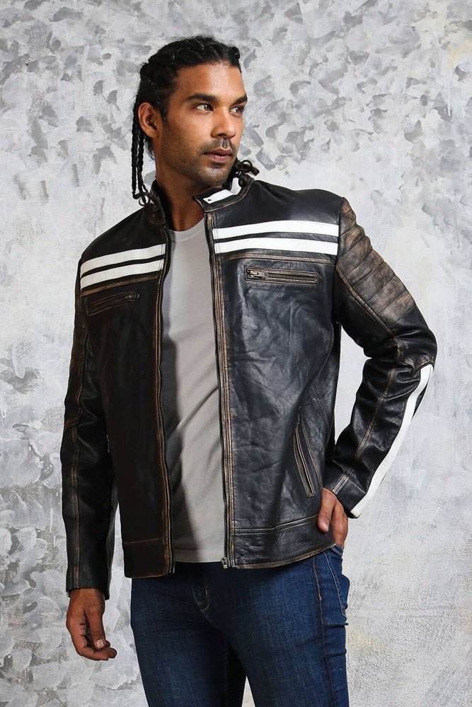 Black and White Striped Distressed Leather Jacket - Vox Leather