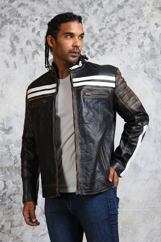 Black and White Striped Distressed Leather Jacket - Vox Leather