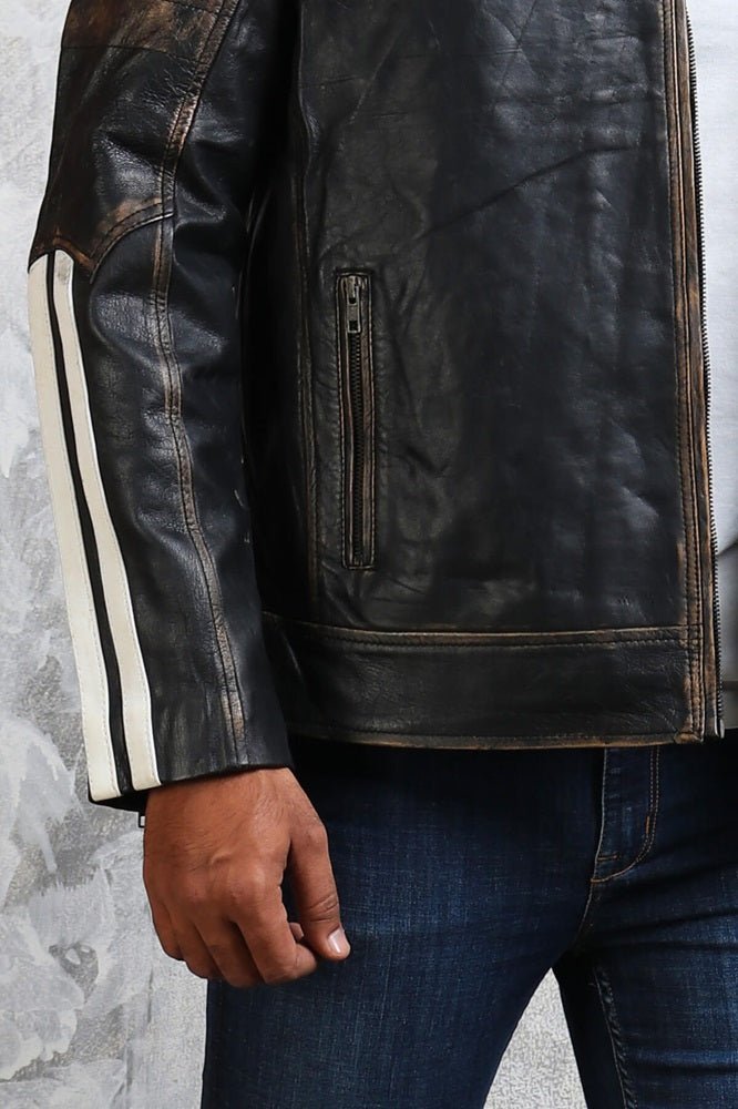 Black and White Striped Distressed Leather Jacket - Vox Leather