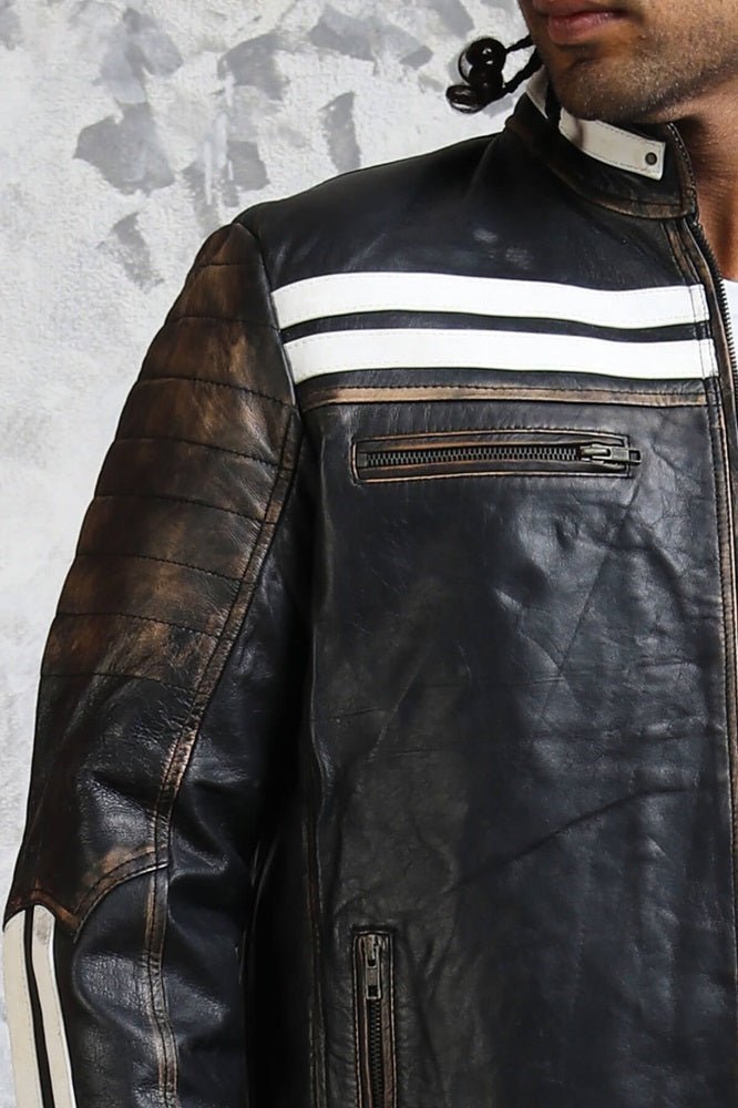 Black and White Striped Distressed Leather Jacket - Vox Leather