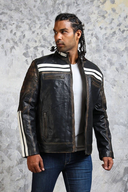 Black and White Striped Distressed Leather Jacket - Vox Leather