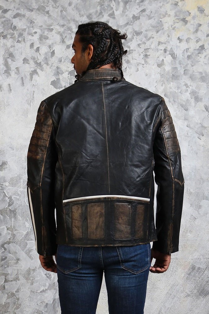 Black and White Striped Distressed Leather Jacket - Vox Leather