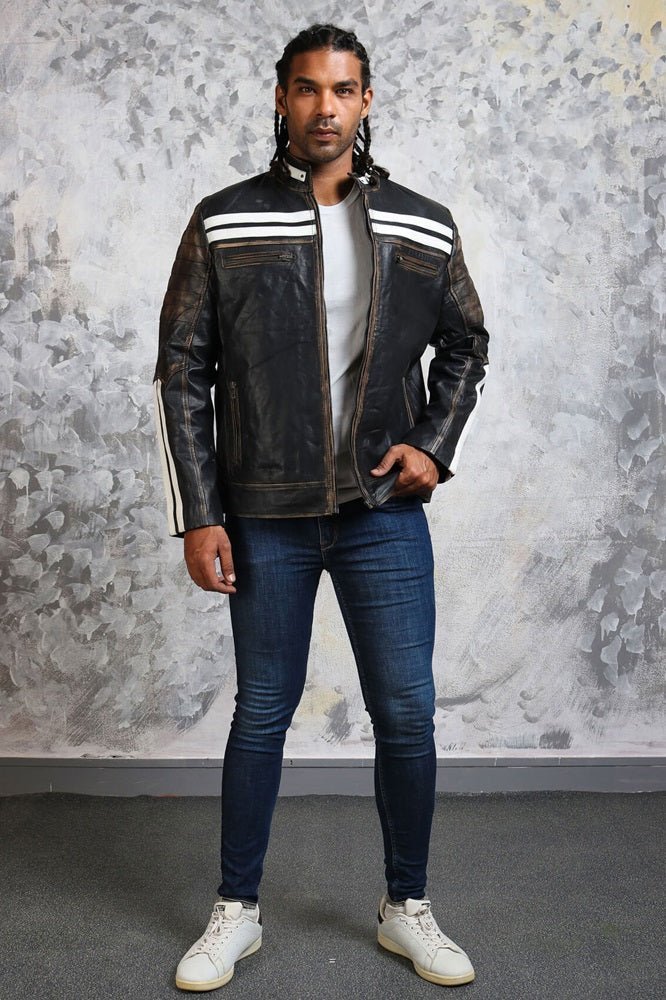 Black and White Striped Distressed Leather Jacket - Vox Leather