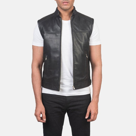 Black Leather Motorcycle Vest For Men - Vox Leather