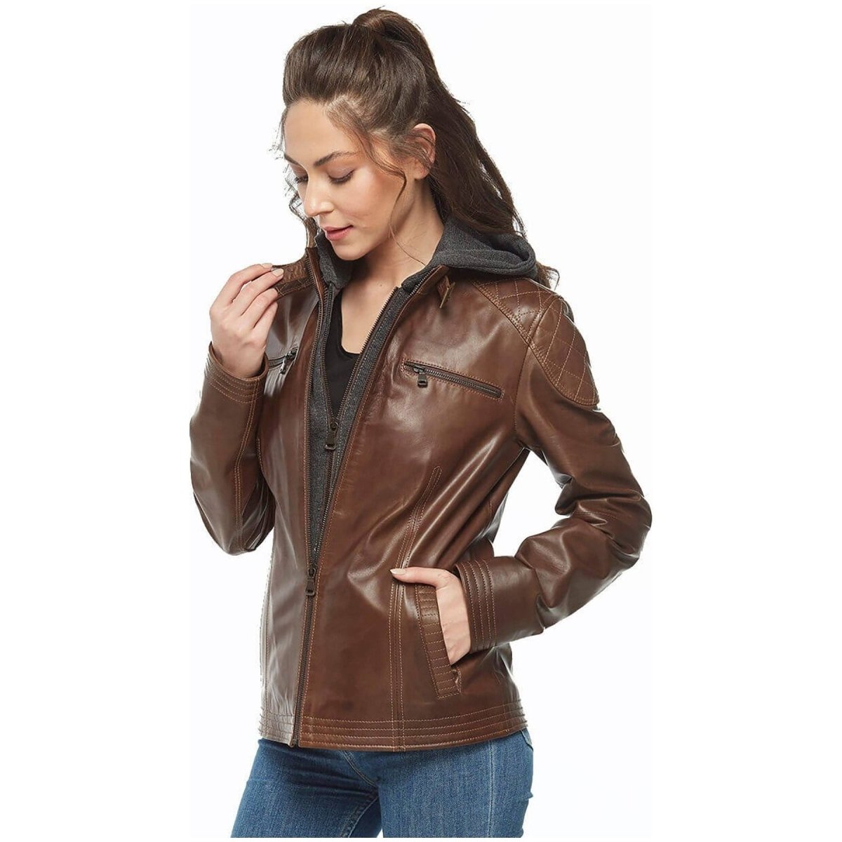 Bliss Brown Hooded Leather Jacket - Vox Leather