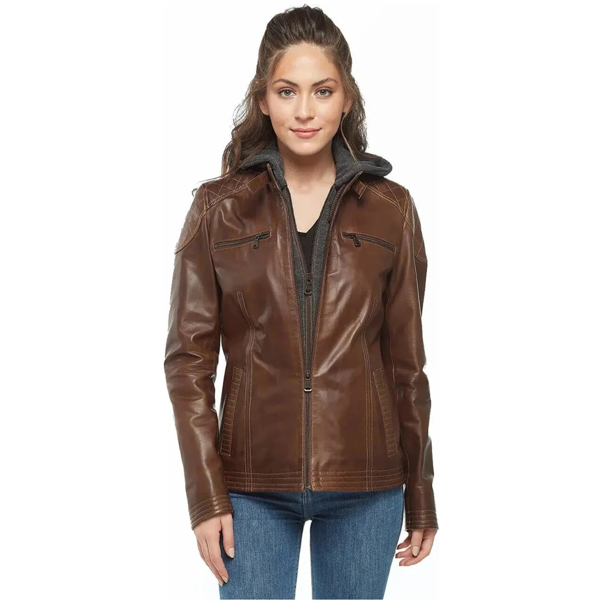 Bliss Brown Hooded Leather Jacket - Vox Leather