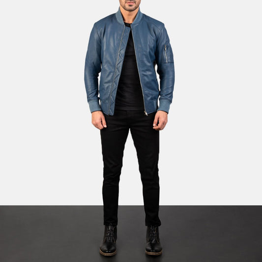 Bomia Ma-1 Blue Leather Bomber Jacket - Vox Leather