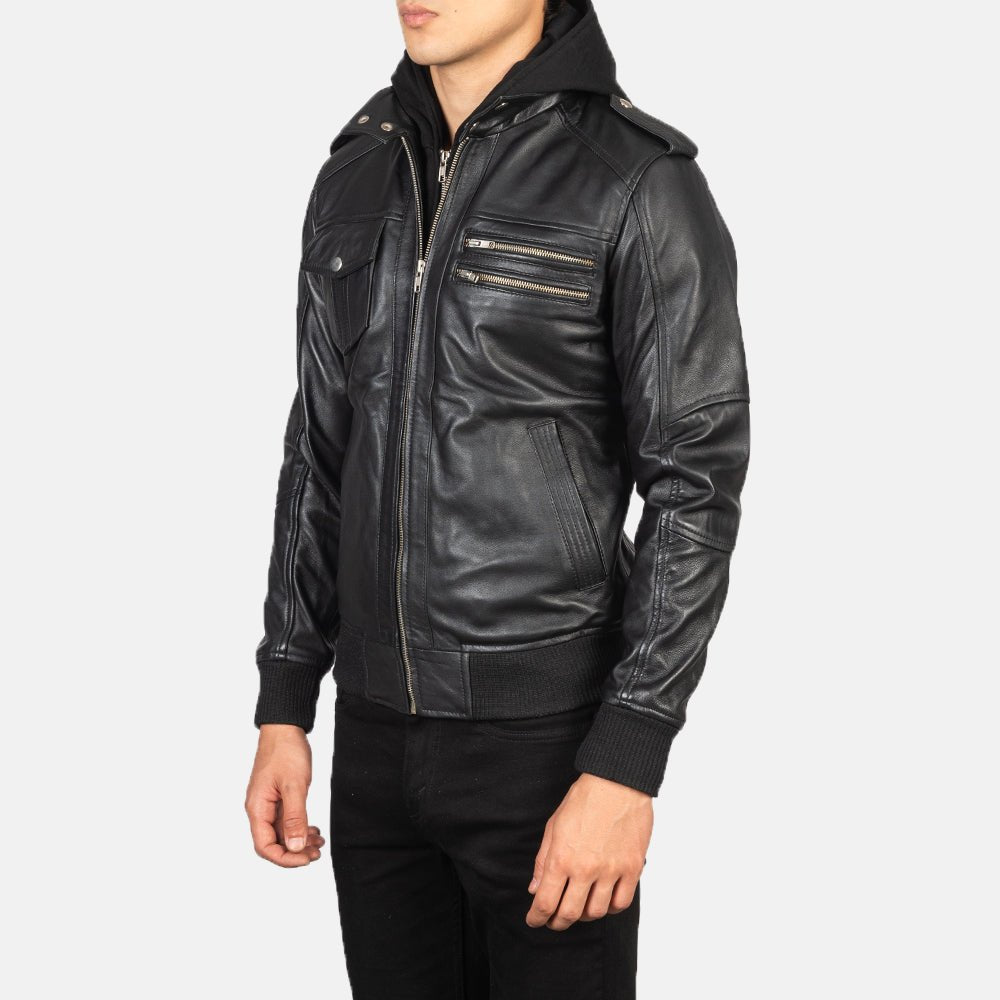 Bravado Black Hooded Leather Bomber Jacket - Rare Leather