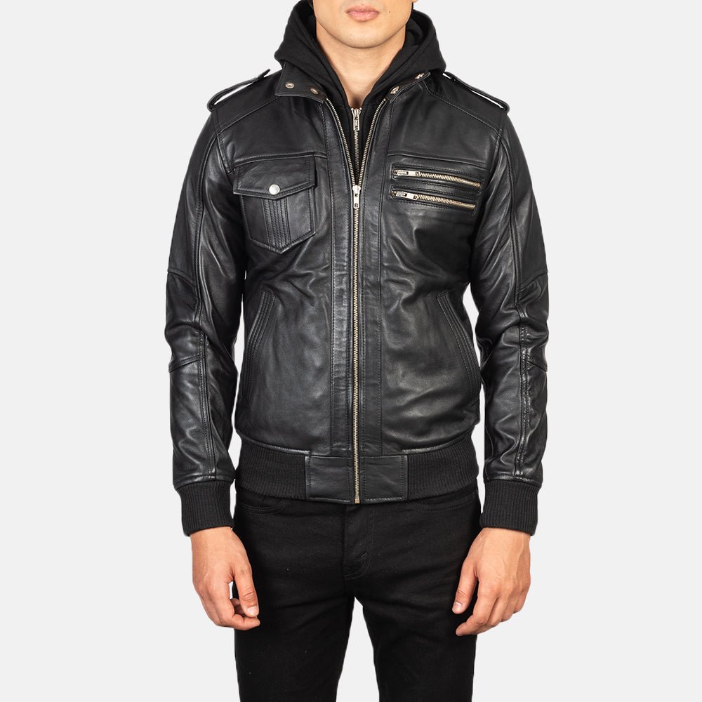 Bravado Black Hooded Leather Bomber Jacket - Rare Leather