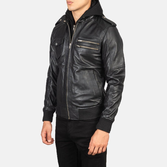 Bravado Black Hooded Leather Bomber Jacket - Vox Leather