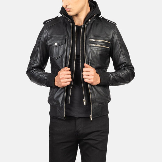 Bravado Black Hooded Leather Bomber Jacket - Vox Leather