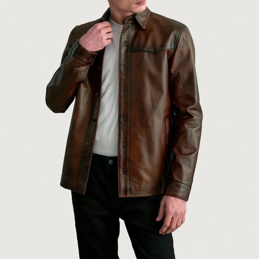 Bronco Distressed Brown Leather Shirt - Vox Leather