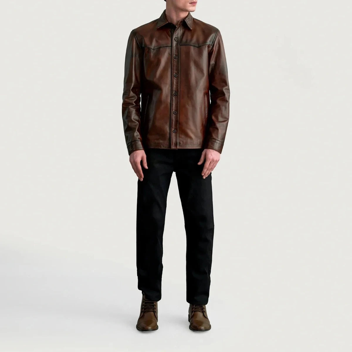 Bronco Distressed Brown Leather Shirt - Vox Leather