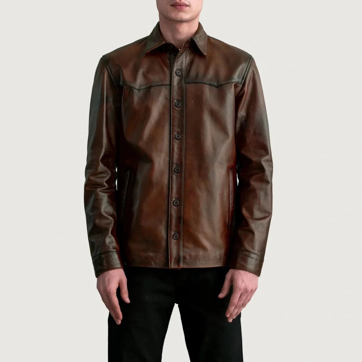 Bronco Distressed Brown Leather Shirt - Vox Leather